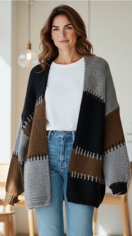 Kvinde iført hvid t-shirt, lyseblå jeans og oversized strikket cardigan med mønster i grå, brun og sort, stående i lyst rum.