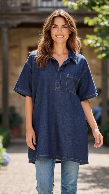 Kvinde med langt brunt hår iført en mørkeblå denim tunika og lyseblå jeans, smilende udendørs med grønne planter og bygning i baggrunden.