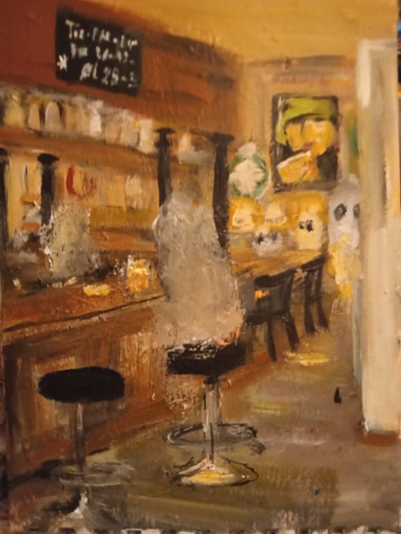 Det spøger på Cafe Louises, som nu er lukket. A5 akryl