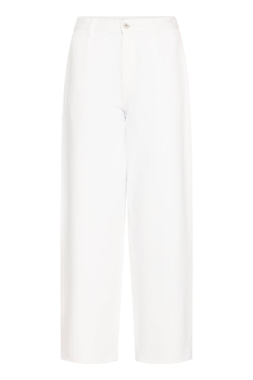 Hvide, lige bukser med høj talje og knaplukning foran.