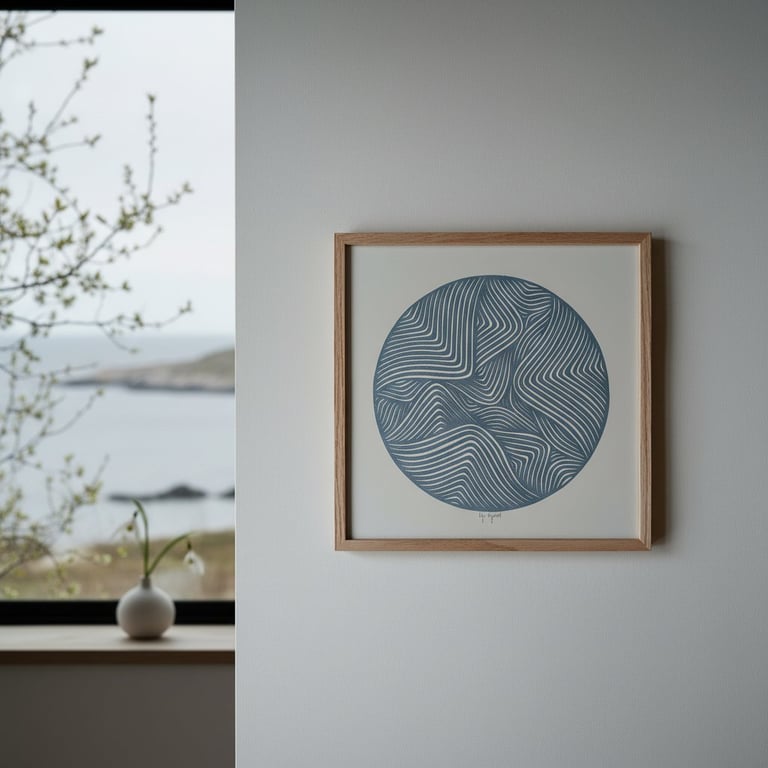 30x30cm papercut, dueblå, indrammet 