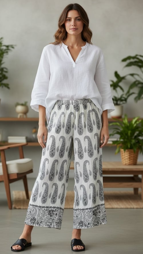 Linea wide viscose pants, Beige w paisley. Onesize 36-44. (2)