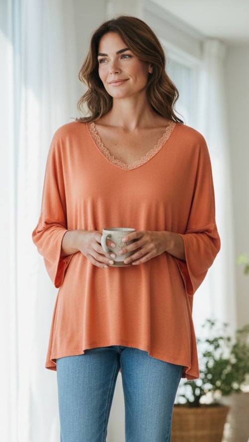 Kvinde iført orange bluse og blå jeans, der holder en kop og ser ud af vinduet i et lyst rum. (1)
