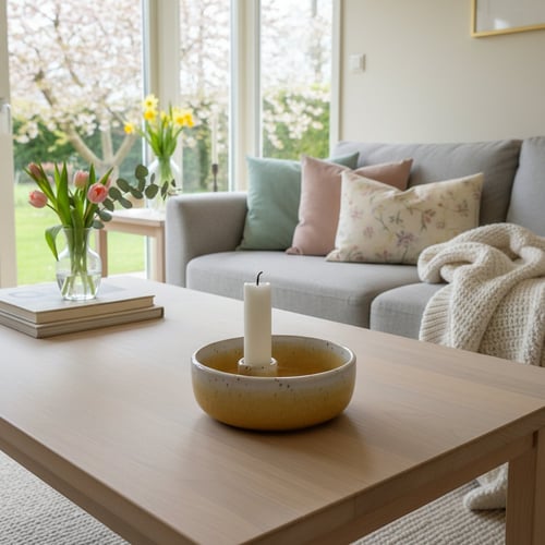 Stue med grå sofa pyntet med puder og plaid, lys bordplade med lysestage og vase med blomster, store vinduer med udsigt til en have. (1)