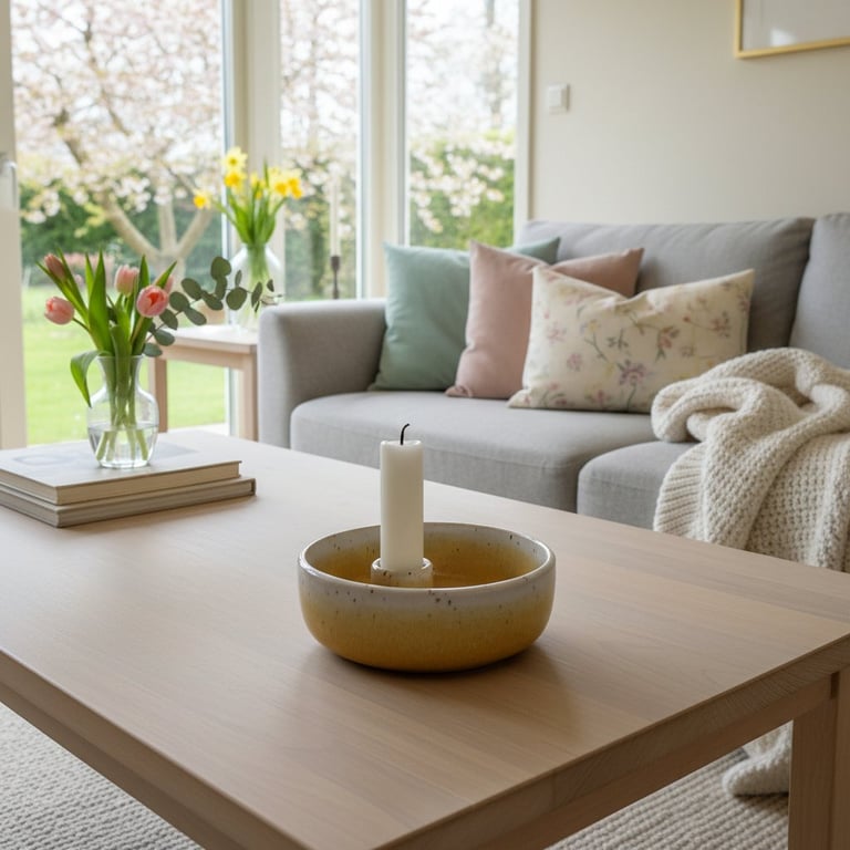 Stue med grå sofa pyntet med puder og plaid, lys bordplade med lysestage og vase med blomster, store vinduer med udsigt til en have.