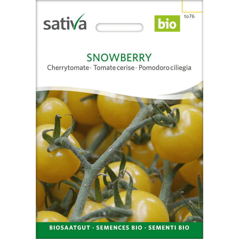 Frøpose til økologiske gule cherrytomater af sorten Snowberry fra mærket Sativa.