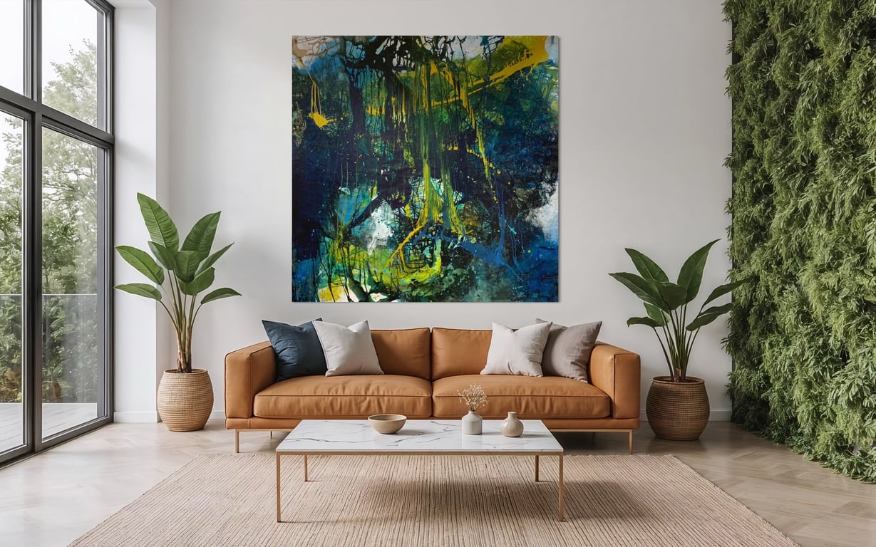 MALERI Stort maleri i grønne - blålige farver. Eventyrlig med dybe og dejlig inspiration til fantasien