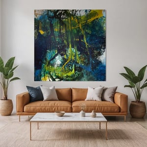 MALERI Stort maleri i grønne - blålige farver. Eventyrlig med dybe og dejlig inspiration til fantasien – produktbillede