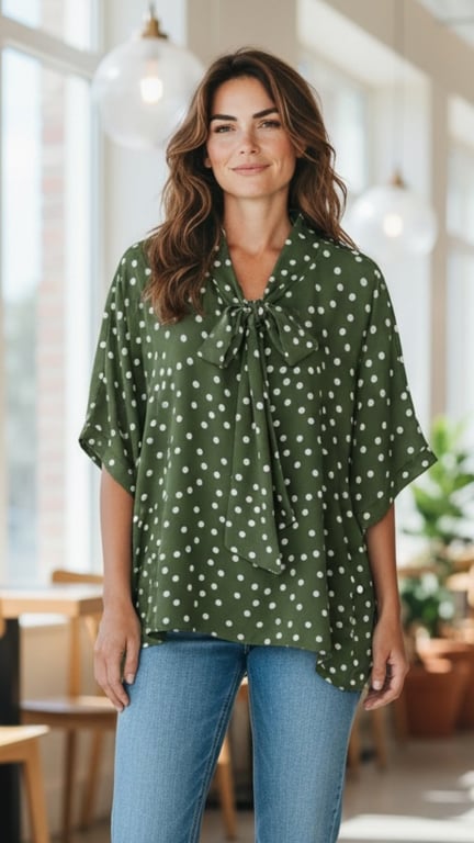 Kvinde iført grøn skjorte med hvide prikker og blå jeans stående i lyst rum med store vinduer og hængelamper.