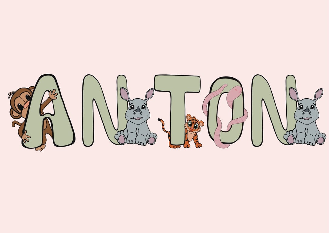 Plakat med Navn: ABC DYR NAVNE-PLAKAT (Grøn Skrift, Rosa baggrund) (3)