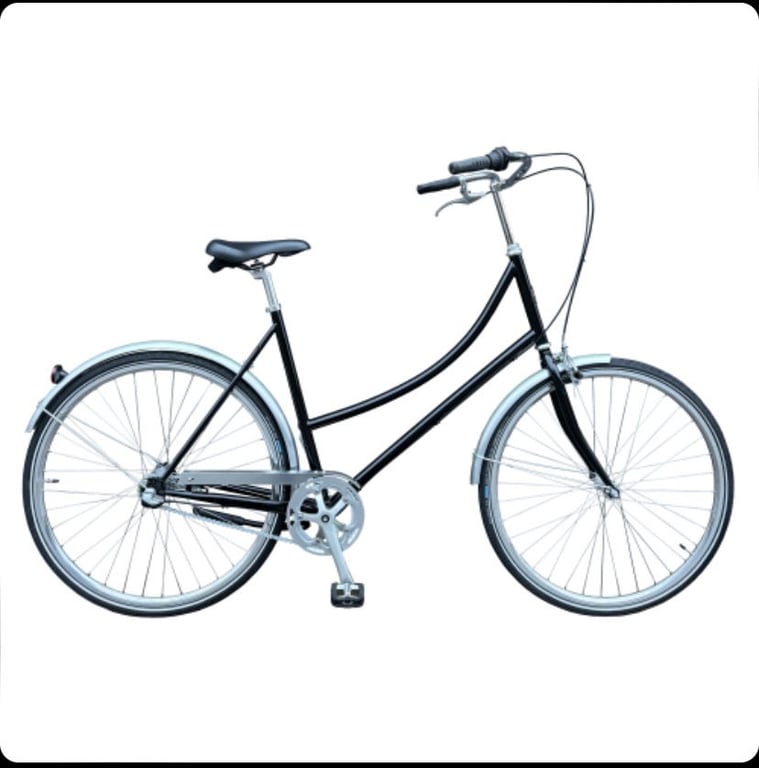 Sort damecykel med let buet stel, sølvskærme, sort sadel og håndtag, set fra siden på hvid baggrund.