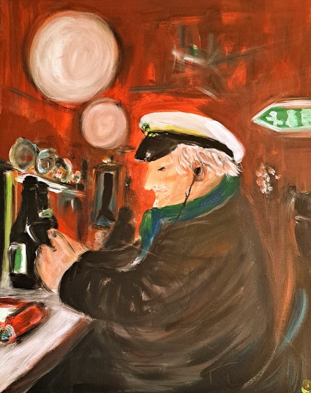 Skipper, stamgæst på Floss, bare i indre by, akryl 50x40