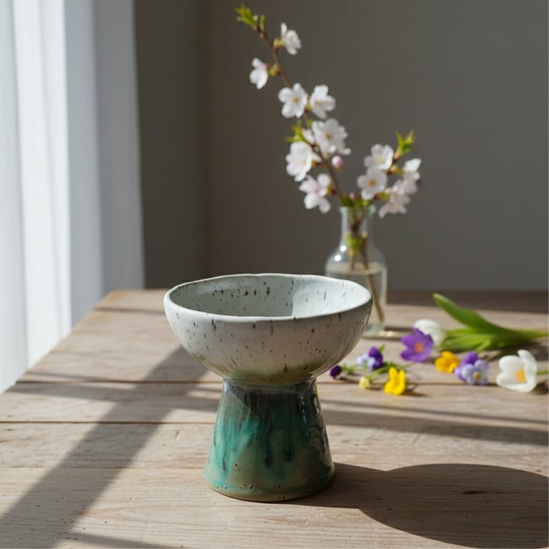 Keramisk skål med grøn og hvid glasur på træbord, bagved vaser med blomster i diffuseret dagslys.