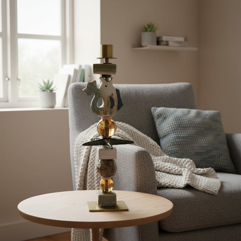 Unikt dekorativt lysestage på rundt træbord ved siden af grå sofa med pude og strikket tæppe i lyst, minimalistisk rum.