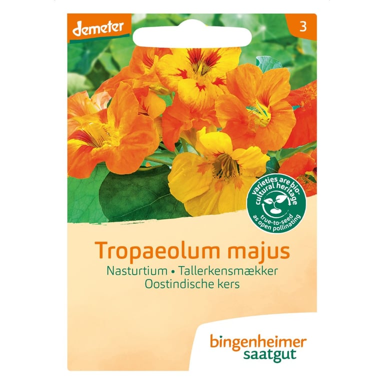 Frøpose til tallerkensmækker (Tropaeolum majus) med billede af orange og gule blomster og tekst på dansk.