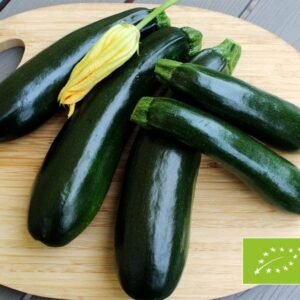 Frisk grønne squash med en gul squashblomst lagt på et rundt skærebræt i træ.