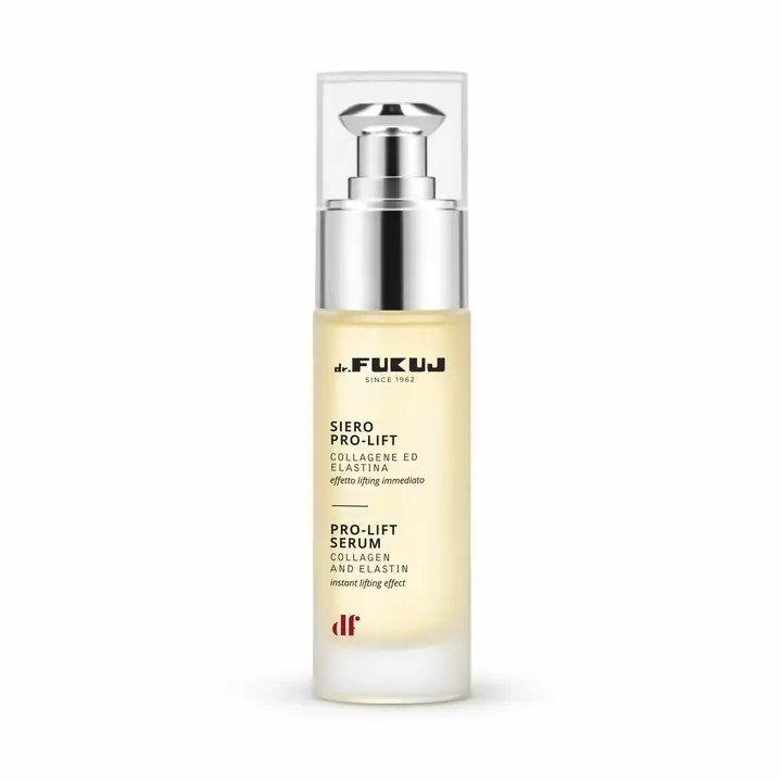 Flaske med dr. Fukujs Pro-Lift serum til ansigt med collagen og elastin for øjeblikkelig løftende effekt.