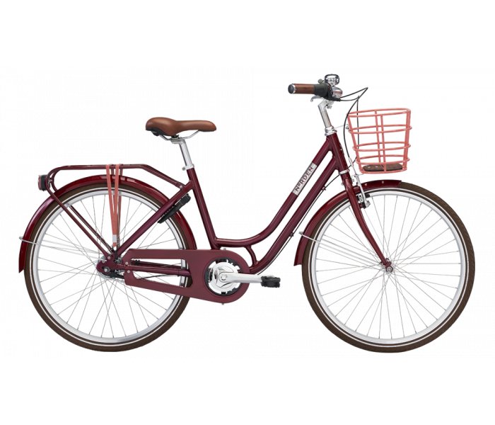 Rød damescykel med lav indstigning, brun saddel, brun styrgreb, frontkurv og bagagebærer, set fra siden.