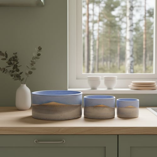 Tre keramikskåle i forskellige størrelser med blå og beige farver står på et lyst køkkenbord foran et vindue med udsigt til skov. En hvid vase med grønne grene står til venstre.