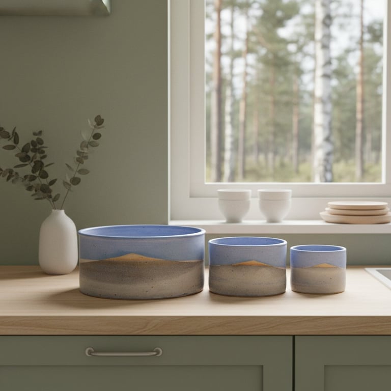 Tre keramikskåle i forskellige størrelser med blå og beige farver står på et lyst køkkenbord foran et vindue med udsigt til skov. En hvid vase med grønne grene står til venstre.