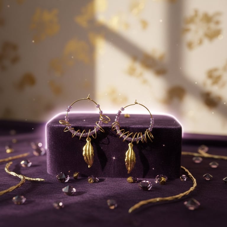 Creole med lilla perler og snoede kobber tråd