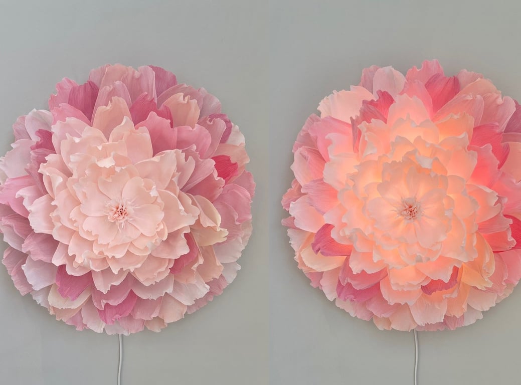 To væglamper formet som store blomster med lyserøde og rosa blomsterblade, hvor den ene lampe er tændt og lyser varmt op.