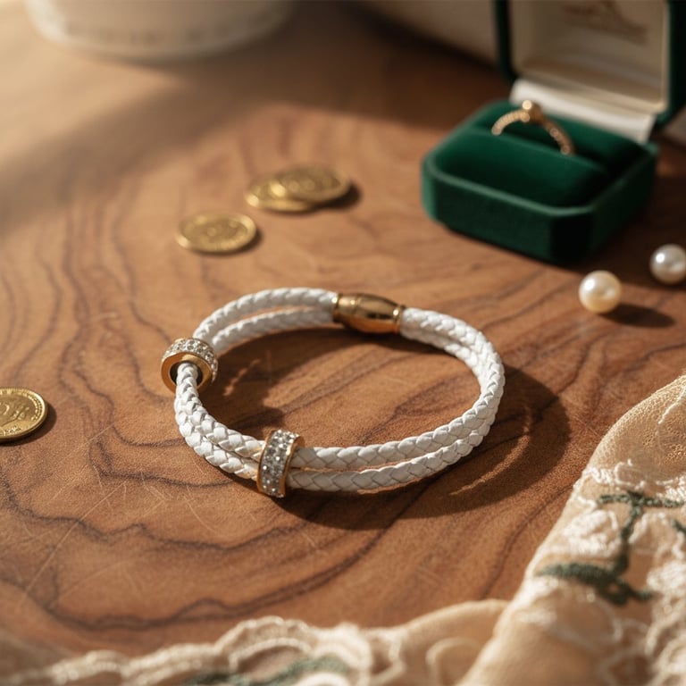 Hvidt smukt flet armbånd med forgyldte og glas sten. billede 2