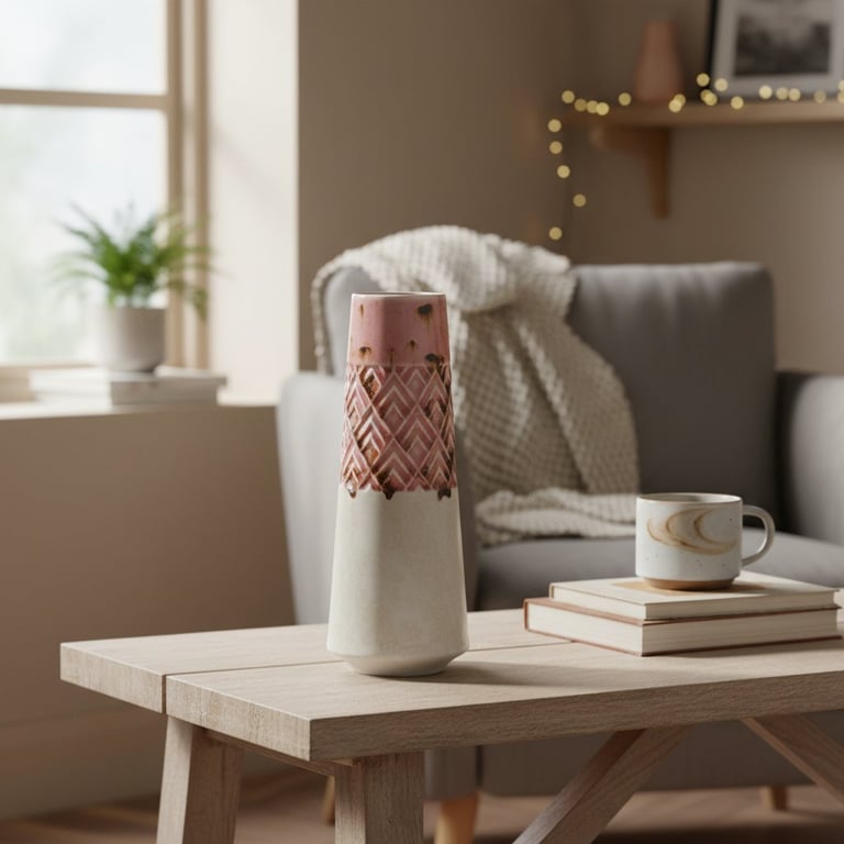 Stue med træbord, keramisk vase, kop på en bogbunke, grå sofa med tæppe og vindue med plante.