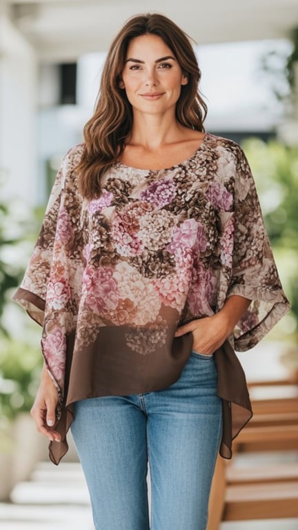 Kvinde med langt brunt hår iført løstsiddende chiffonbluse med blomsterprint og lyseblå jeans, stående i lyst, udendørs miljø.