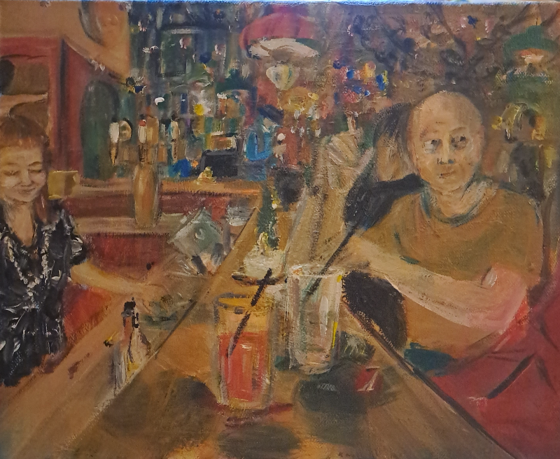 Cafe Intime tendere og live musik, 29x21 akryl 