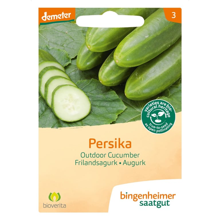 Frøpose med billede af hele og skivede grøntsagsagurker på grønne blade, mærket "Persika Outdoor Cucumber Frilandsagurk Augurk" fra Bingenheimer Saatgut.