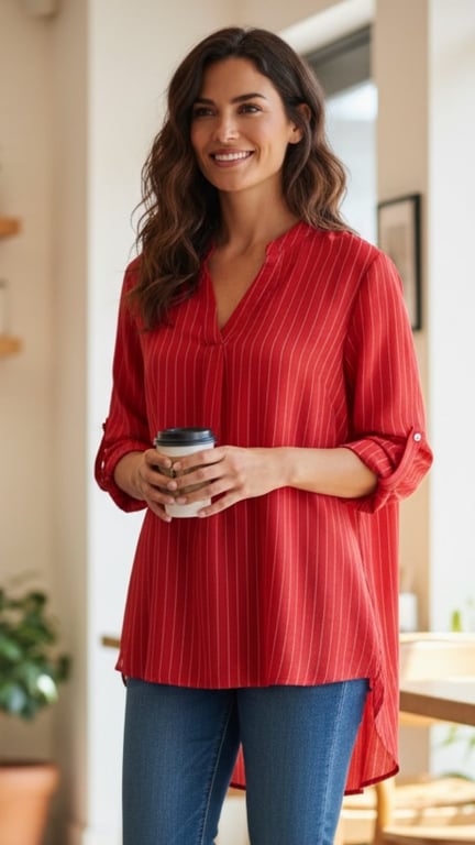 Kvinde med langt, bølget brunt hår iført rød, stribet bluse og blå jeans, smilende og holdende papbæger med kaffe indendørs.