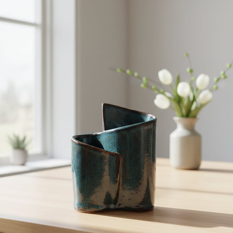 Keramisk, blå-grøn og brun glasurvase med asymmetrisk design på lyst træbord, med sløret vase med hvide tulipaner i baggrunden.