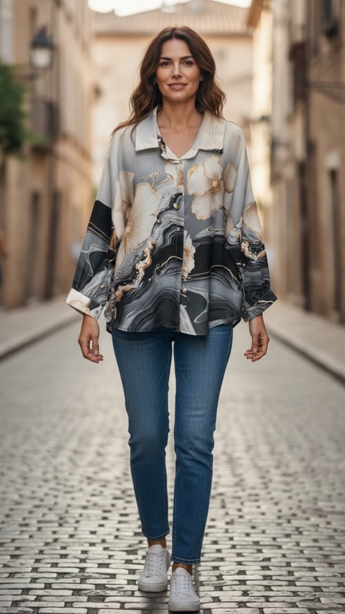 Agnete shirt. Beige/grey/creme w flowers. Onesize 36-46. (2)