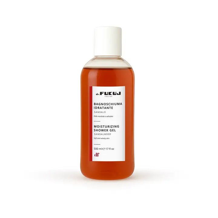 Flaske med fugtgivende brusegel med sandeltræ duft fra dr. FUCIJ, 500 ml.