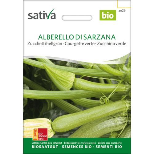 Frøpose til økologisk zucchini 'Alberello di Sarzana' fra Sativa med billede af grønne squash og blomster. (1)