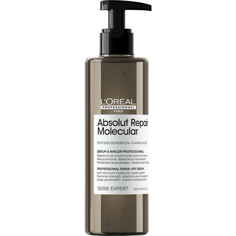 Flaske med L'Oréal Professionnel Absolut Repair Molecular, en professionel hårkur med pumpe.