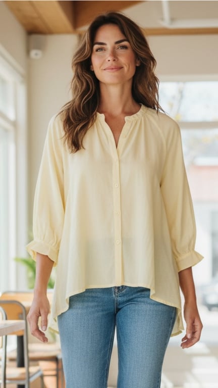 Kvinde iført lys gul bluse og blå jeans, står smilende i lyst rum med træloft og store vinduer.