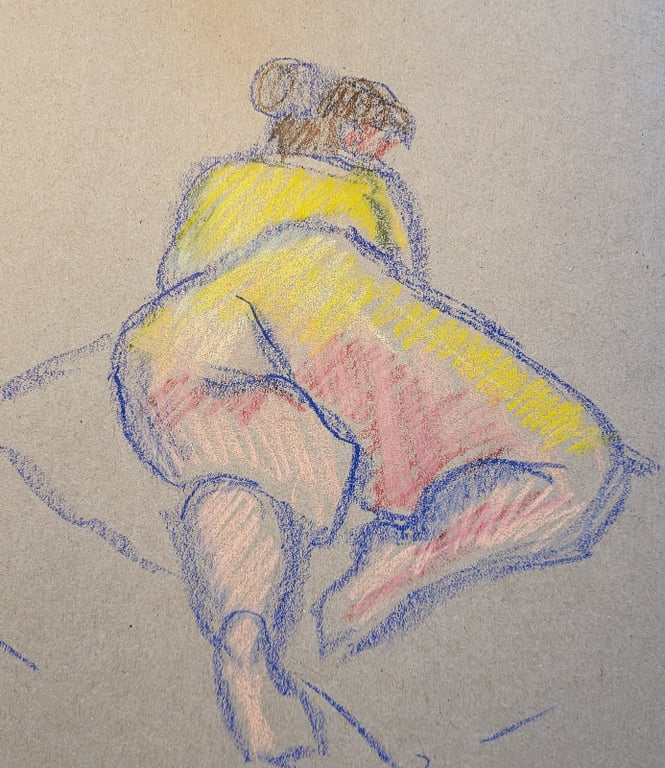 Qroquis 5 min. oliekridt på gråt papir 20 x 24 cm