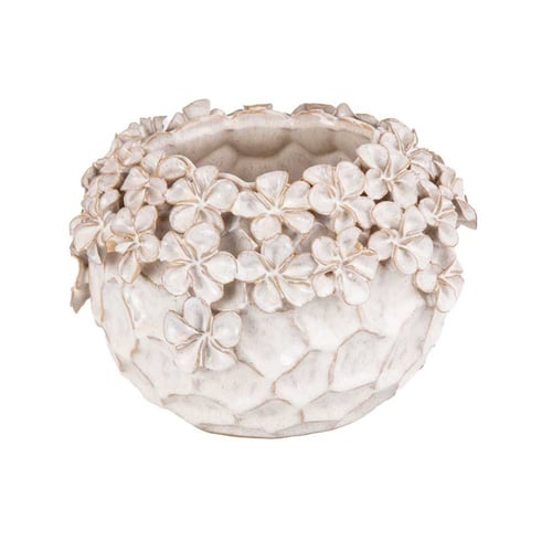 Keramisk krukke med udsmykning af blomster i relief, hvid med antik finish. (1)