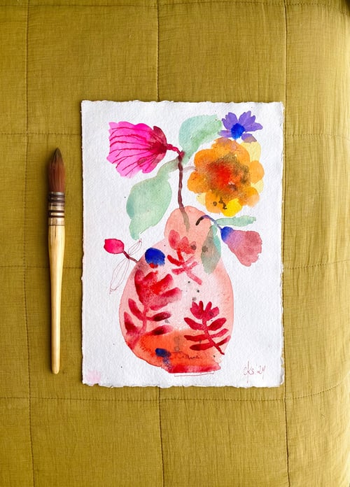 Rød blomstrende vase - original akvarel
