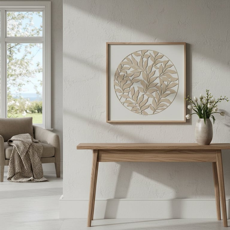 Indgangsparti med lyst træbord, keramisk vase med hvide blomster, vægophæng med rund bladtegning og lys stue med beige lænestol og tæppe ved vindue med udsigt til grøn have.