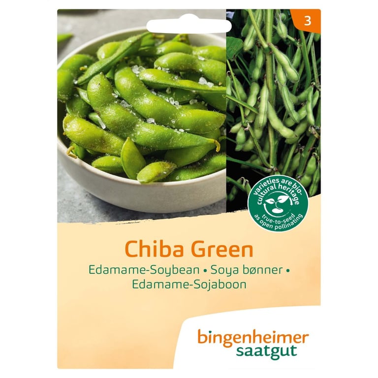 Frøpose til Chiba Green sojabønner, med billede af grønne sojabønner i en skål med salt og sojabønneplanter.