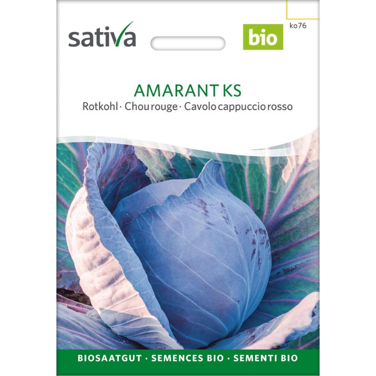 Frøpose med økologiske frø til rød grønkål, mærket "Amarant KS" fra Sativa.