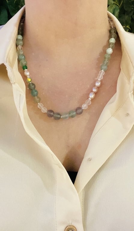 Bjergkrystal og Grøn Fluorit halskæde billede 2