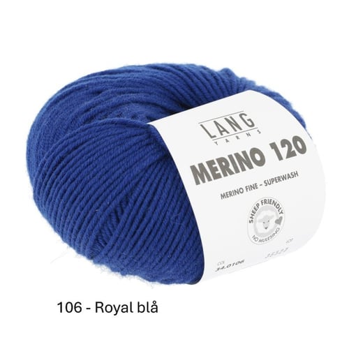 Nøgle af royal blå Merino 120 uldgarn fra Lang Yarns med mærkat, der angiver "Merino fine - superwash" og "Sheep friendly - no mulesing". (1)