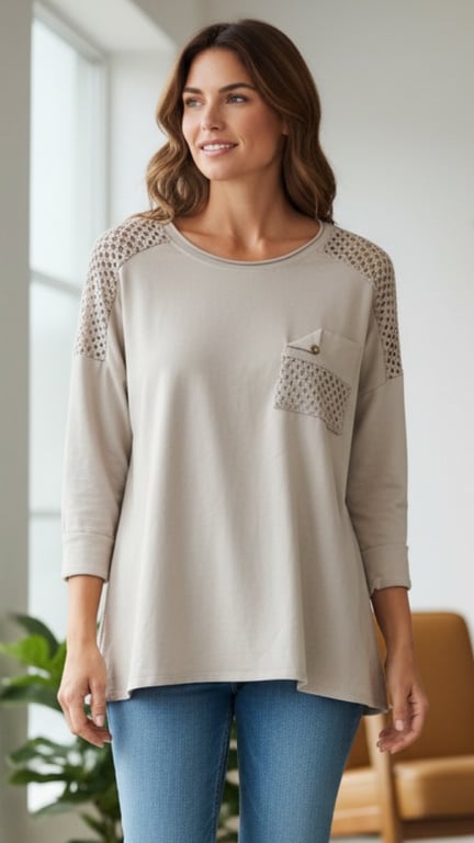Kvinde iført lys beige bluse med netdetaljer på skuldre og brystlomme, stående indendørs ved vindue.