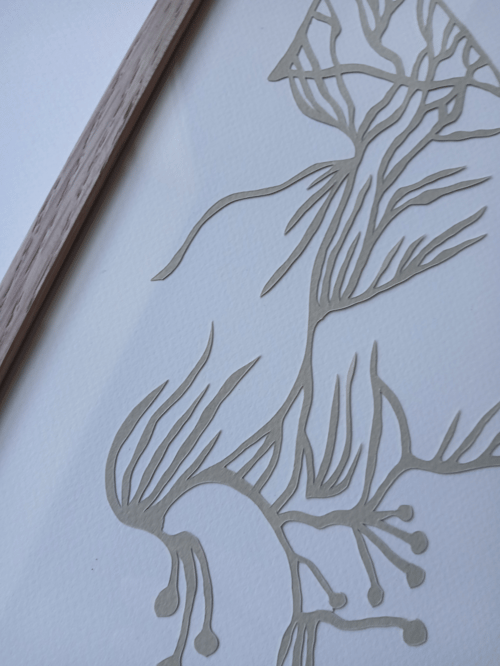 A4 papercut, gople nr 73.  hvid, beige, Indrammet 