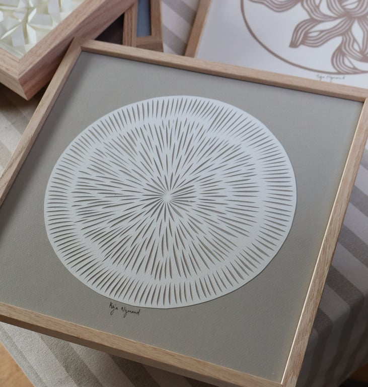30x30cm papercut, hvid, beigegrå, indrammet  (2)