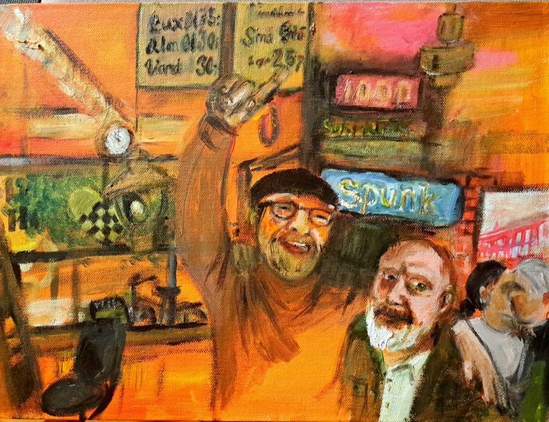 2 venner på Spunkbar, 30x40, malerplade akryl
